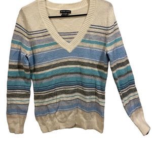 New York & Company Y2K Wool Blend Long Sleeve V Neck Striped Stretch Sweater